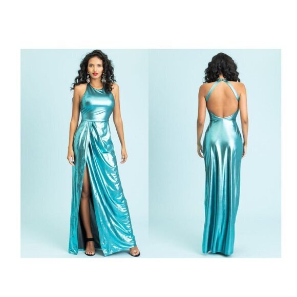 Women's Aqua Metallic Halter Maxi‎ Dress Size Small - Picture 6 of 7